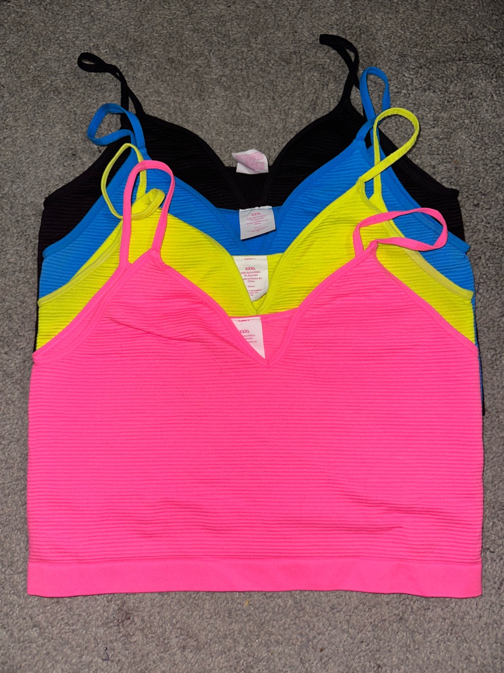 No Boundaries Ribbed Neon Pink, Yellow, Blue & Black Cami Bralette Set - 4 Pack